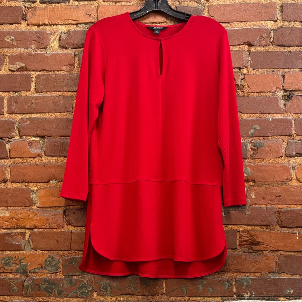 Lauren Ralph Lauren‎ Vibrant Red Key Hole Long Sleeve Tunic Blouse Size Medium